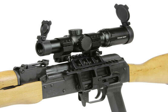 The Primary Arms 1-6x sfp riflescope attached to an ak-47 semi automatic rifle that shoots 7.62x39 ammo